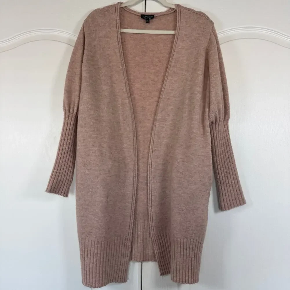 Blush Pink Longline Open Front Cardigan Ribbed Knit Size 10